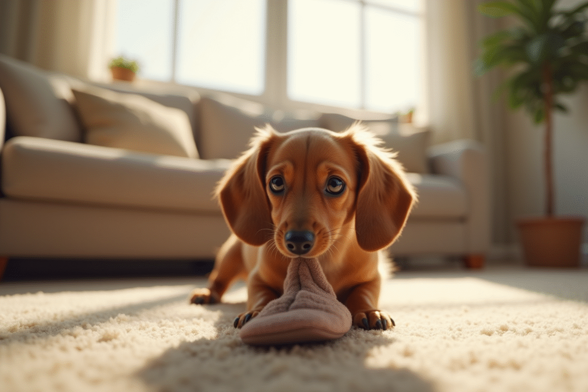 Chiot dachshund curieux mordant une chaussure dans un salon lumineux