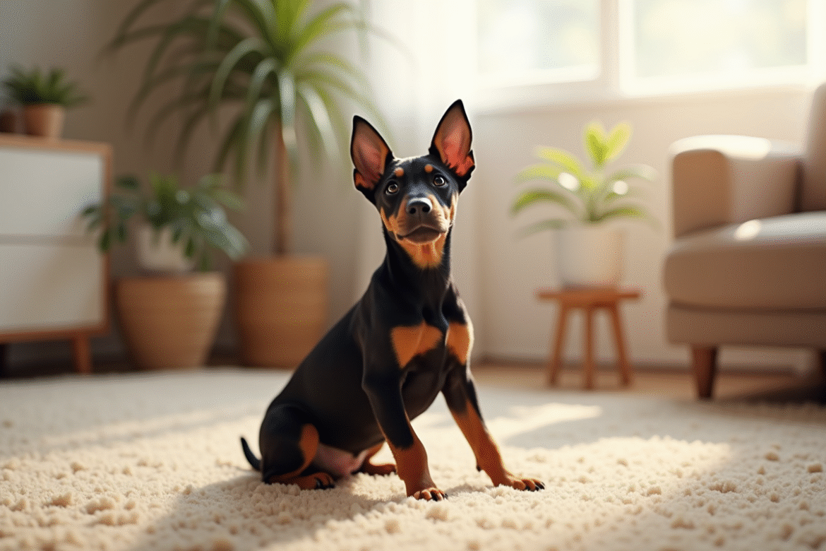 Chiot Doberman assis sur un tapis beige dans un salon lumineux