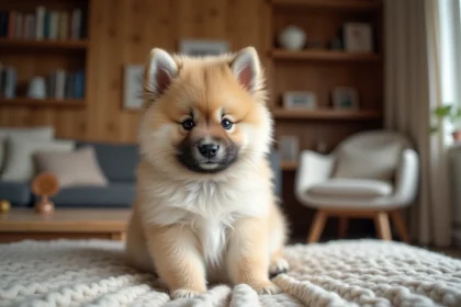 Chiot Eurasier aux yeux expressifs assis sur une couverture en laine dans un salon familial français chaleureux