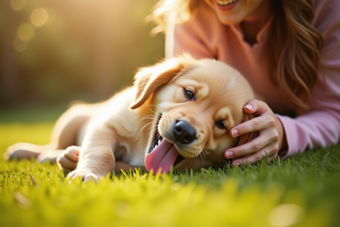 Chiot golden retriever jouant dans le jardin ensoleille