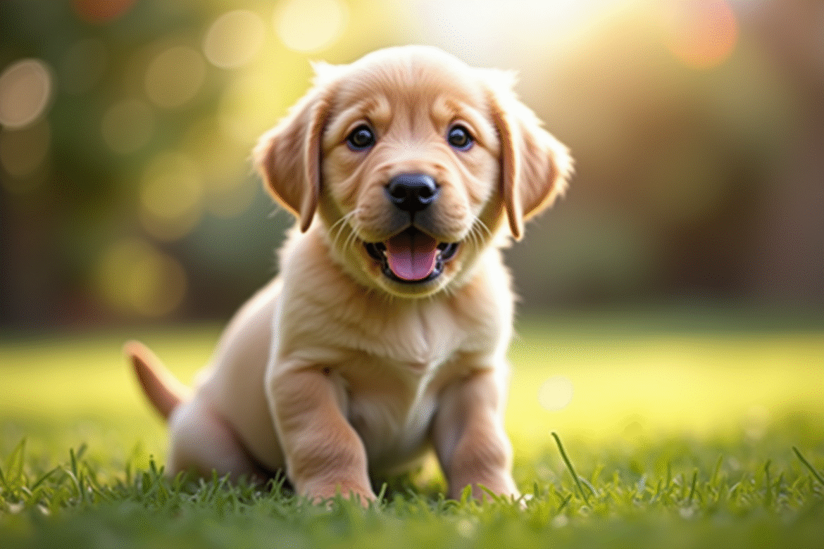 Chiot labrador nain apprend à s'asseoir dans le jardin