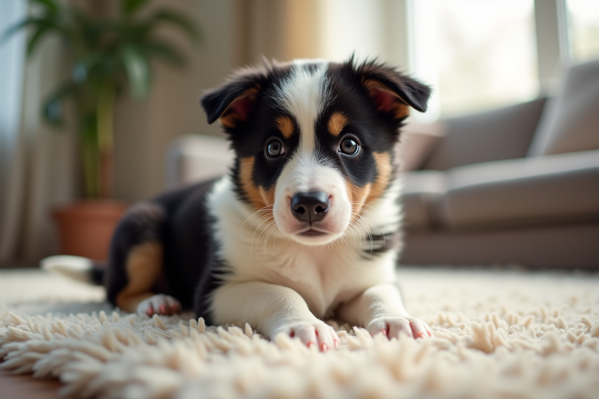 Chiot noir et blanc jouant sur un tapis dans un salon lumineux