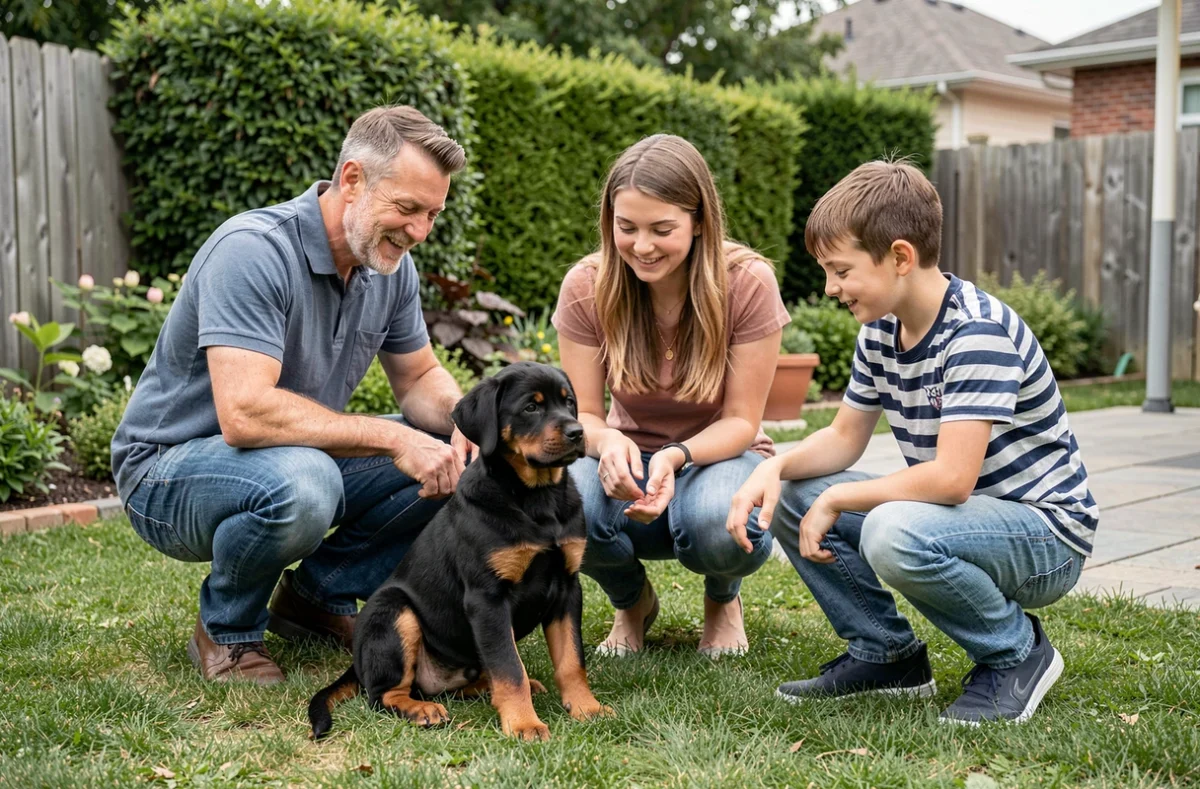 Chiot Rottweiler interagissant avec une famille dans un jardin de banlieue, illustration du choix entre chien de travail et de compagnie