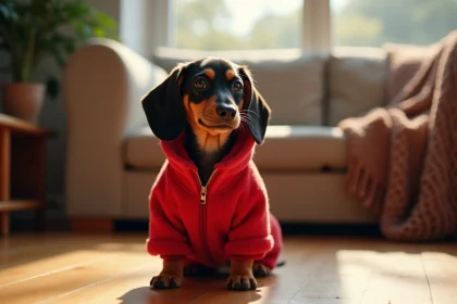 Chiot teckel portant un manteau rouge en polaire bien ajusté, assis sur un parquet en bois dans un salon chaleureux