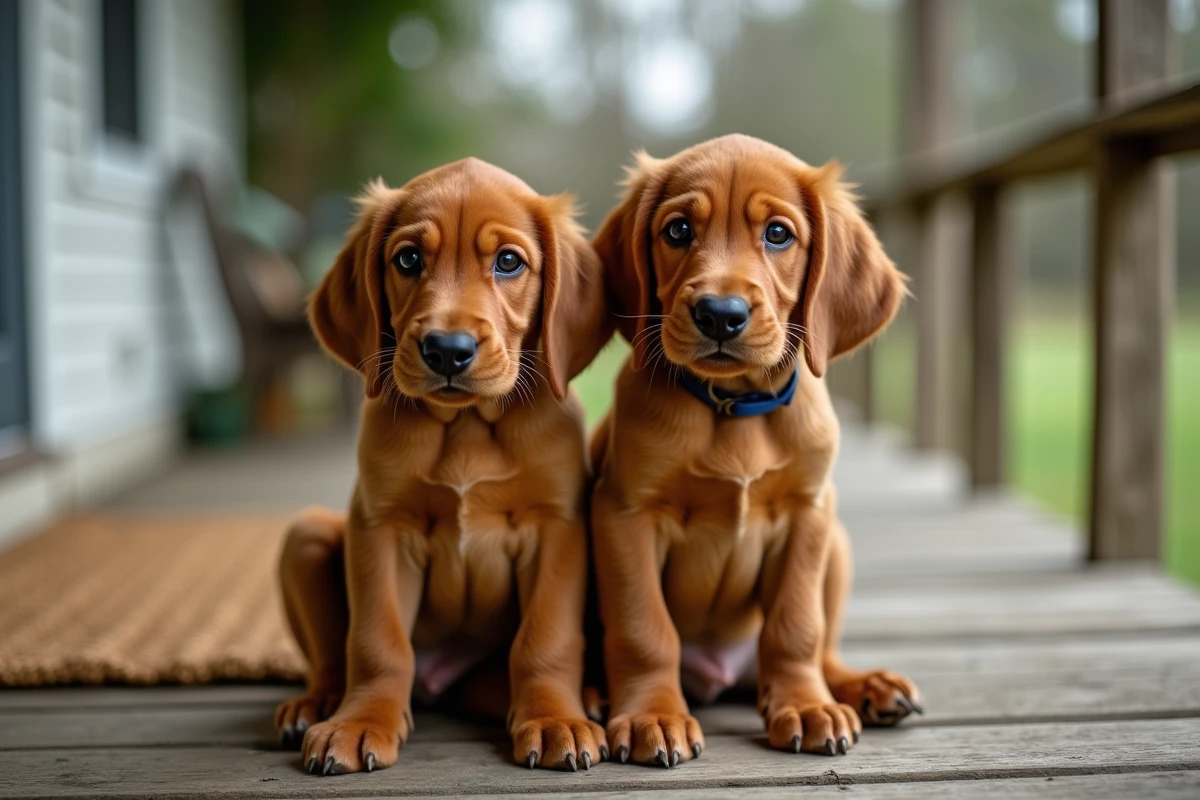 Deux chiots Red Coonhound assis sur un porche en bois rustique, avec leurs grandes pattes et leur pelage roux caractéristique