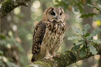 Chouette hulotte perchée sur une branche en forêt, sans aigrettes, montrant ses plumes barrées brunes et crèmes