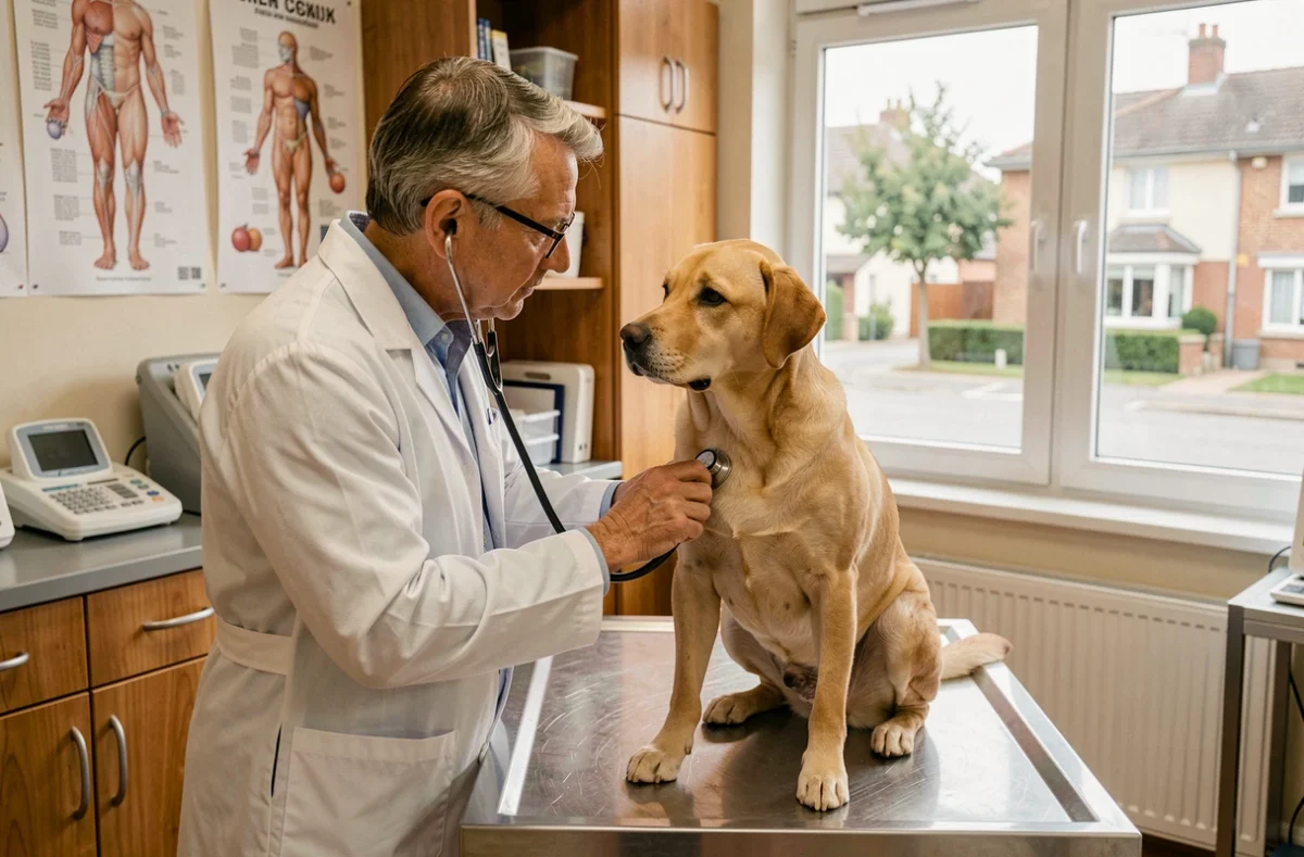 Vétérinaire auscultant un labrador avec un stéthoscope dans la salle de la Clinique Vétérinaire Bozon