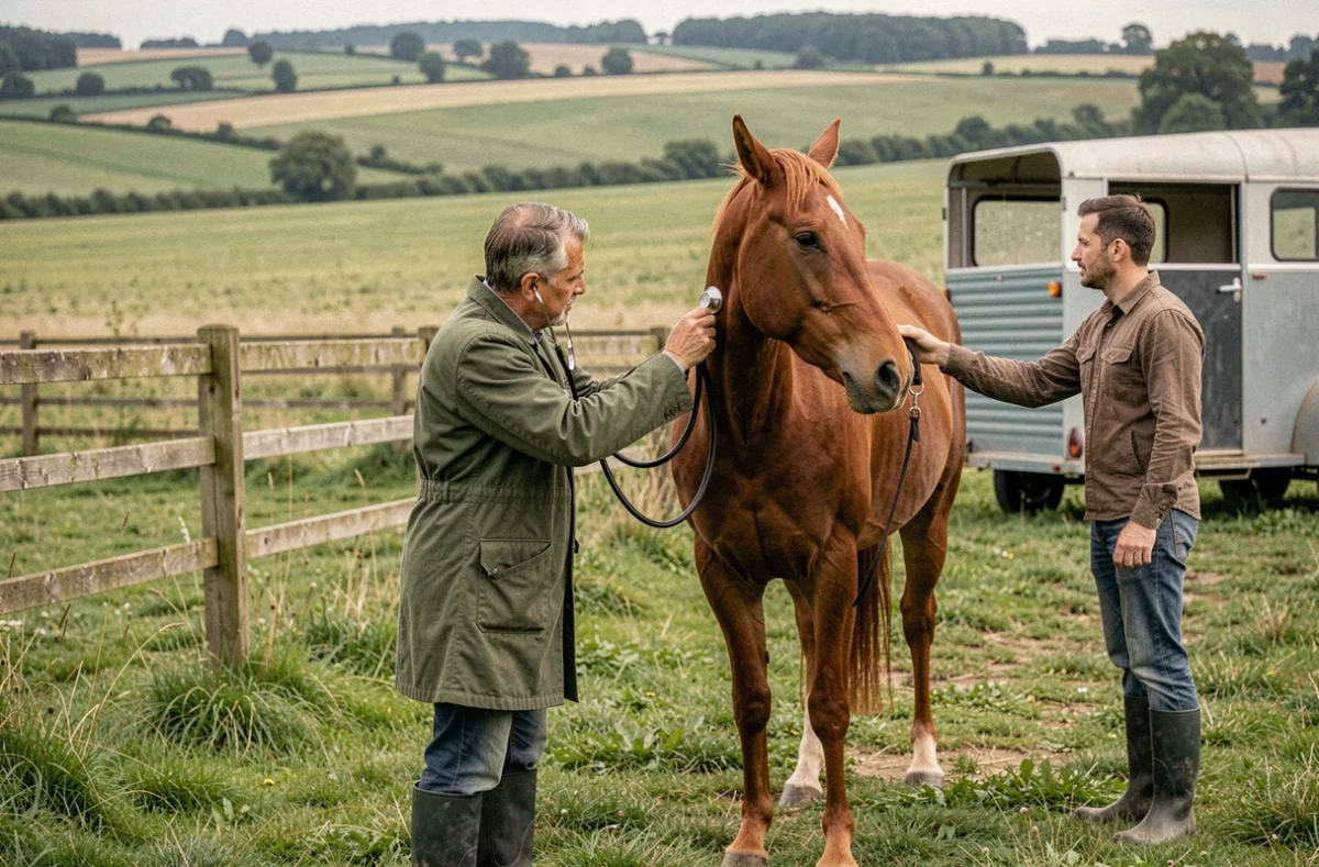 Vétérinaire équin examinant un cheval dans un paddock de la campagne des Yvelines