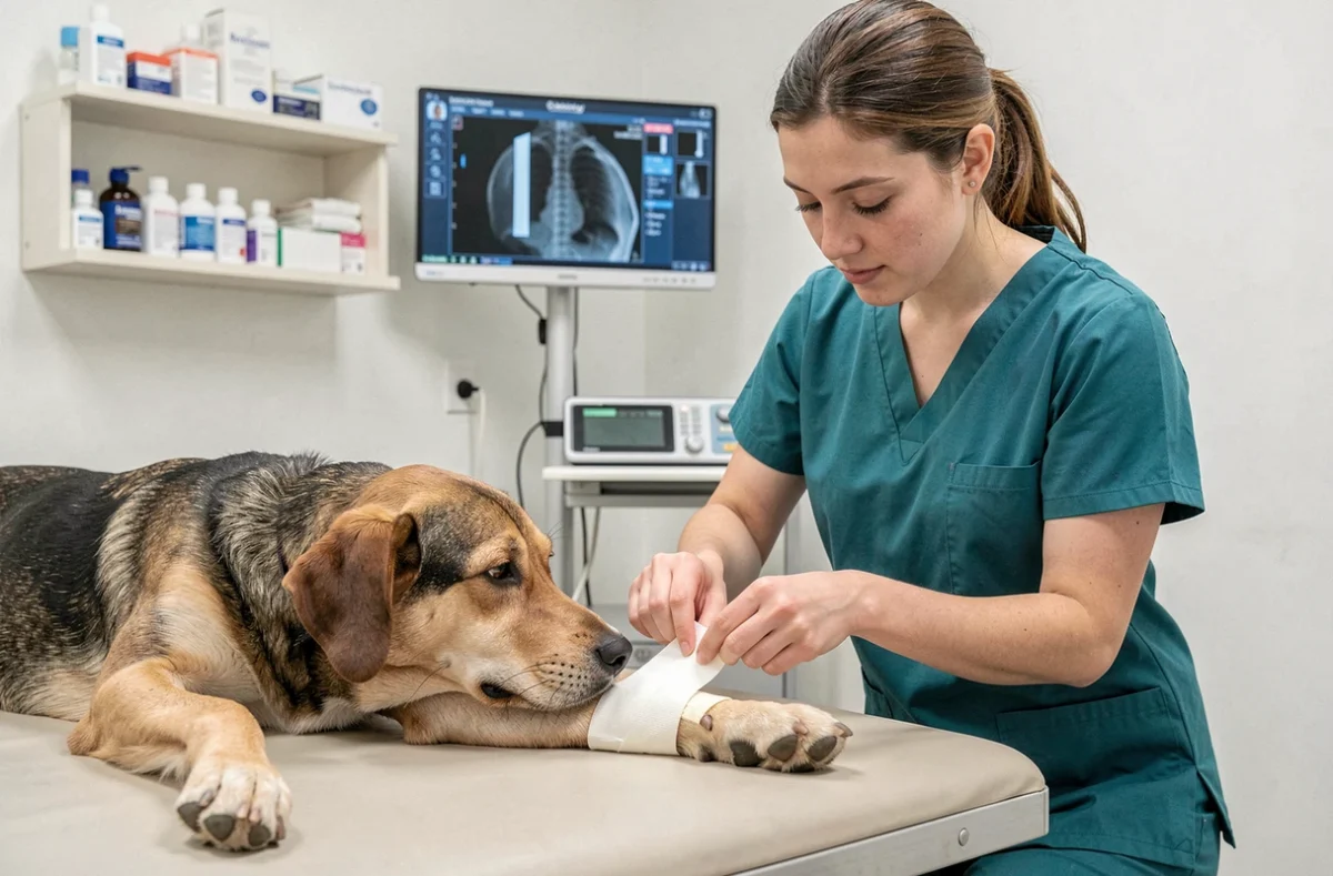 Technicienne vétérinaire bandant la patte d'un chien dans la salle de soins de la Clinique Vétérinaire Sarot
