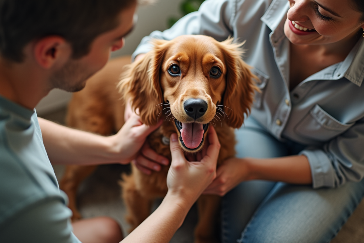 Cocker adulte caresse par une famille dans une maison