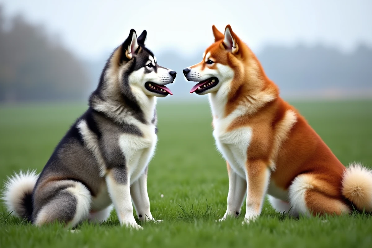 Comparaison côte à côte d'un Akita Inu bringé bleu et d'un Akita Inu bringé rouge assis dans une prairie verte