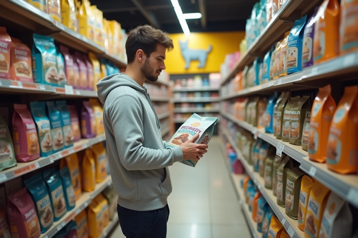 Jeune homme comparant deux marques expertes de nutrition pour chat dans le rayon animalerie d'un magasin spécialisé