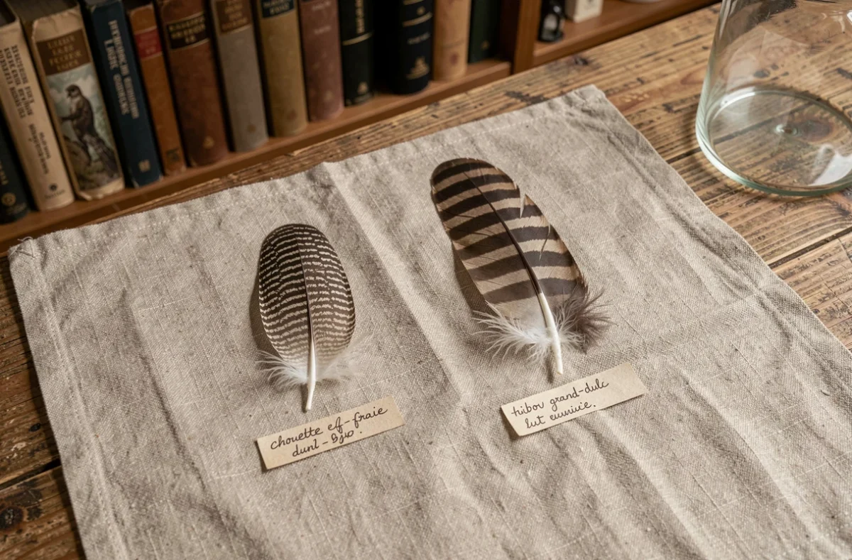 Comparaison de plumes de chouette et de hibou côte à côte sur une table de naturaliste avec étiquettes en français
