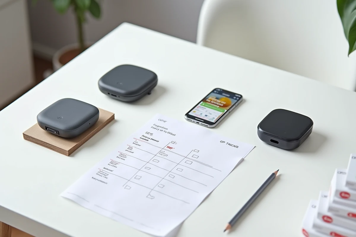 Vue de dessus d'une sélection de traceurs GPS comparés sur un bureau avec une check-list imprimée et un smartphone