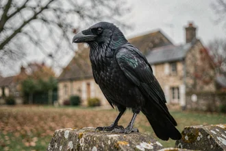 Corbeau commun posé sur un mur en pierre, plumage noir irisé aux reflets bleu-vert, campagne française en arrière-plan flou