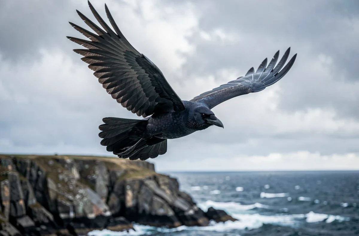 Corbeau en plein vol ailes déployées contre un ciel nuageux nordique, queue en losange caractéristique visible, paysage côtier rocheux en dessous