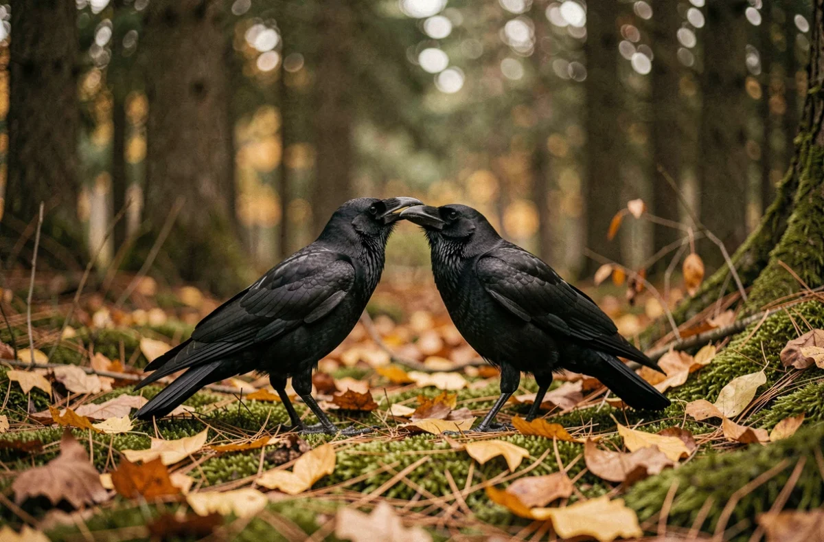 Deux corbeaux sur le sol forestier en automne, l'un toilettant l'autre, illustrant le comportement du couple mâle et femelle