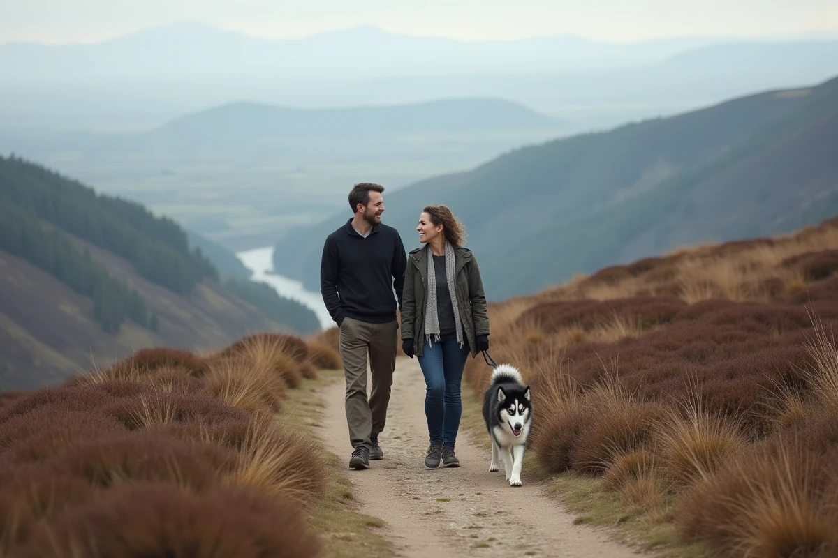 Couple se promenant sur un plateau de lande avec leur husky en liberté lors d'une randonnée panoramique du dimanche en pleine nature