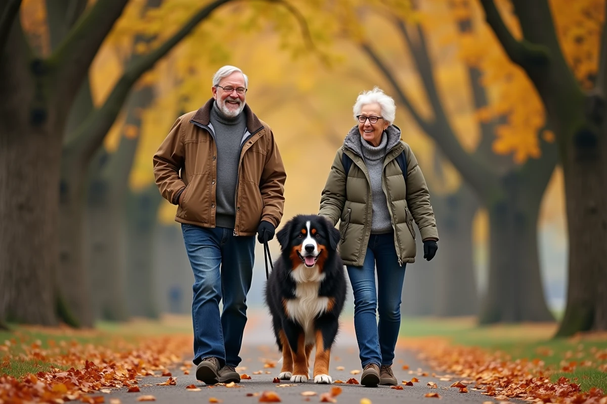 Couple de seniors se promenant en automne avec un grand bouvier bernois poilu en laisse dans un parc