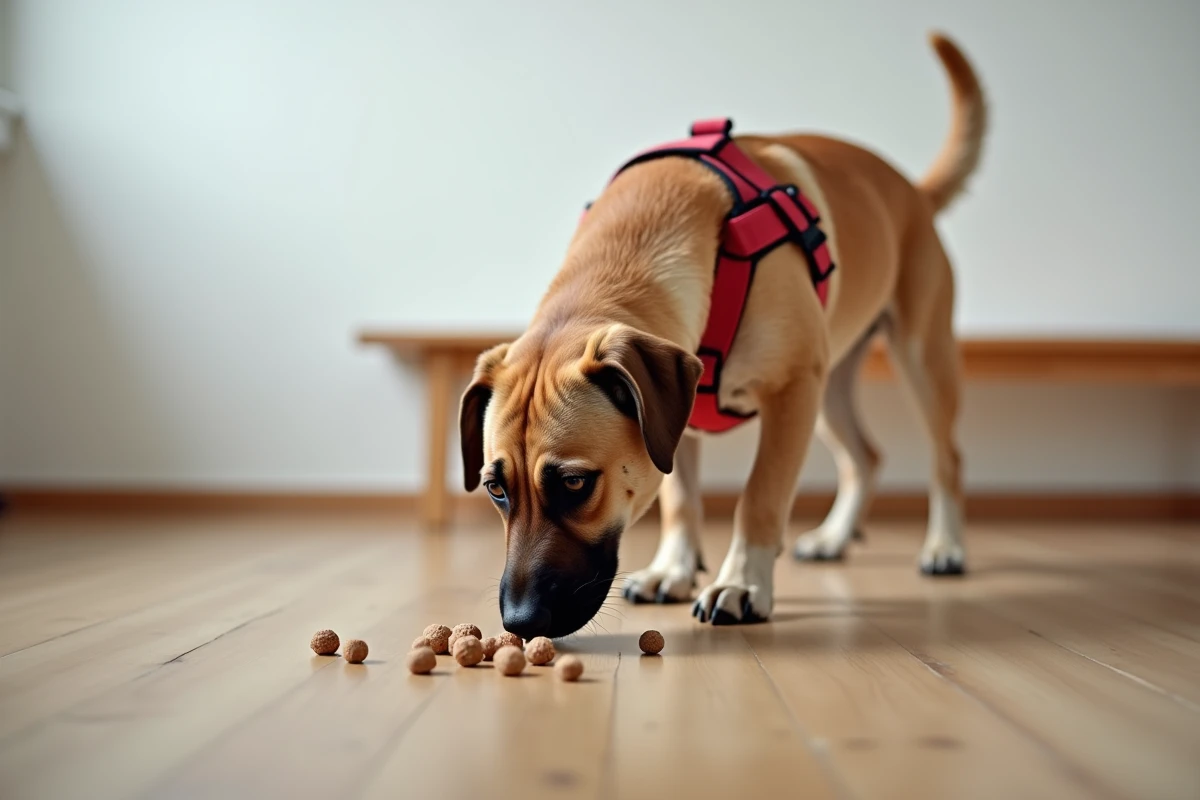 Croisé Labrador Malinois portant un harnais rouge qui renifle des friandises sur un parquet en bois lors d'une séance de renforcement positif