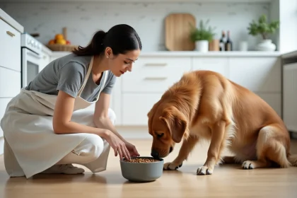 Femme donnant des croquettes ultra premium à son golden retriever dans une cuisine moderne