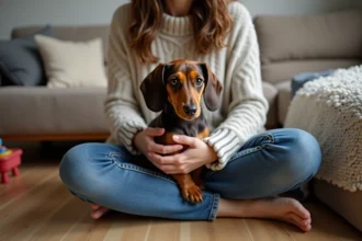 Chien teckel miniature avec propriétaire dans un salon chaleureux