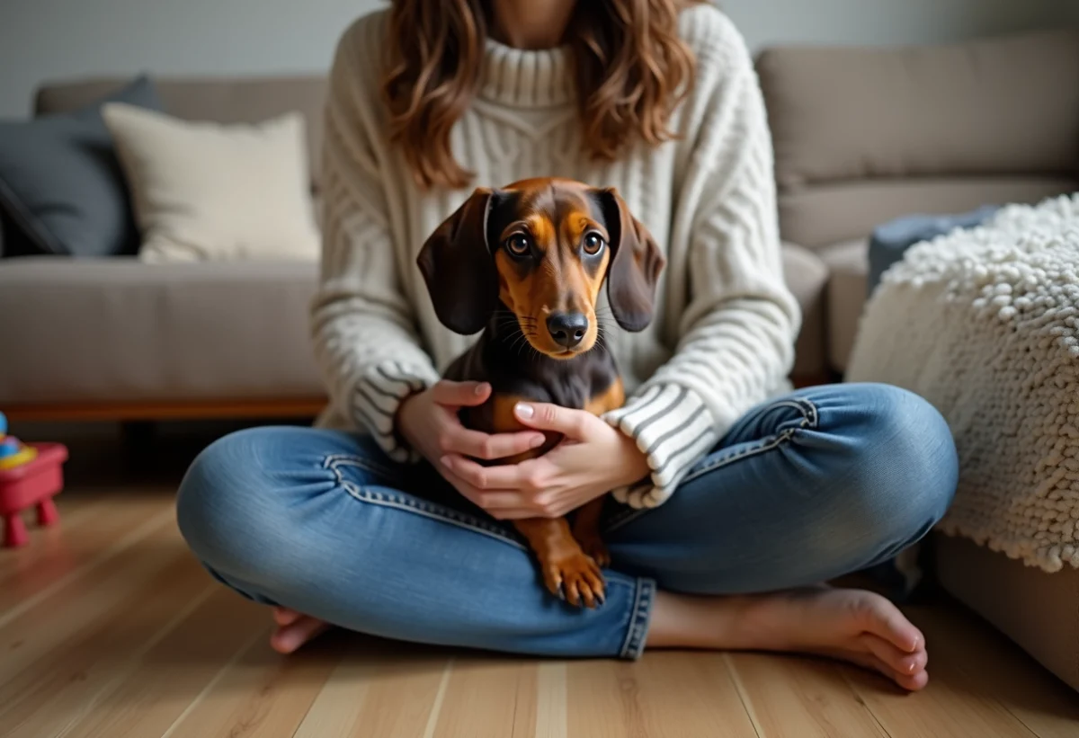 Chien teckel miniature avec propriétaire dans un salon chaleureux