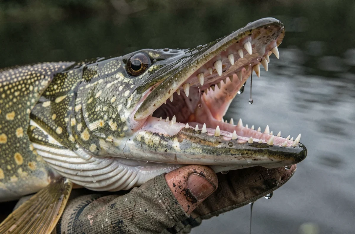 Gros plan sur la mâchoire et les dents acérées d'un brochet tenu par un pêcheur équipé d'un gant de protection