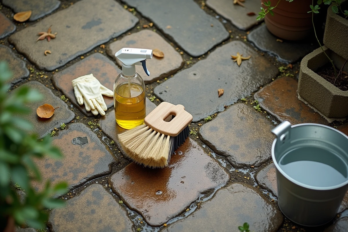 Vue de dessus d'une terrasse en pierre désinfectée avec un spray enzymatique et une brosse après nettoyage de crottes de sanglier
