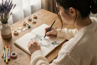 Jeune femme dessinant un mignon loup minimaliste dans son carnet bullet journal avec un stylo fin noir sur un bureau en bois