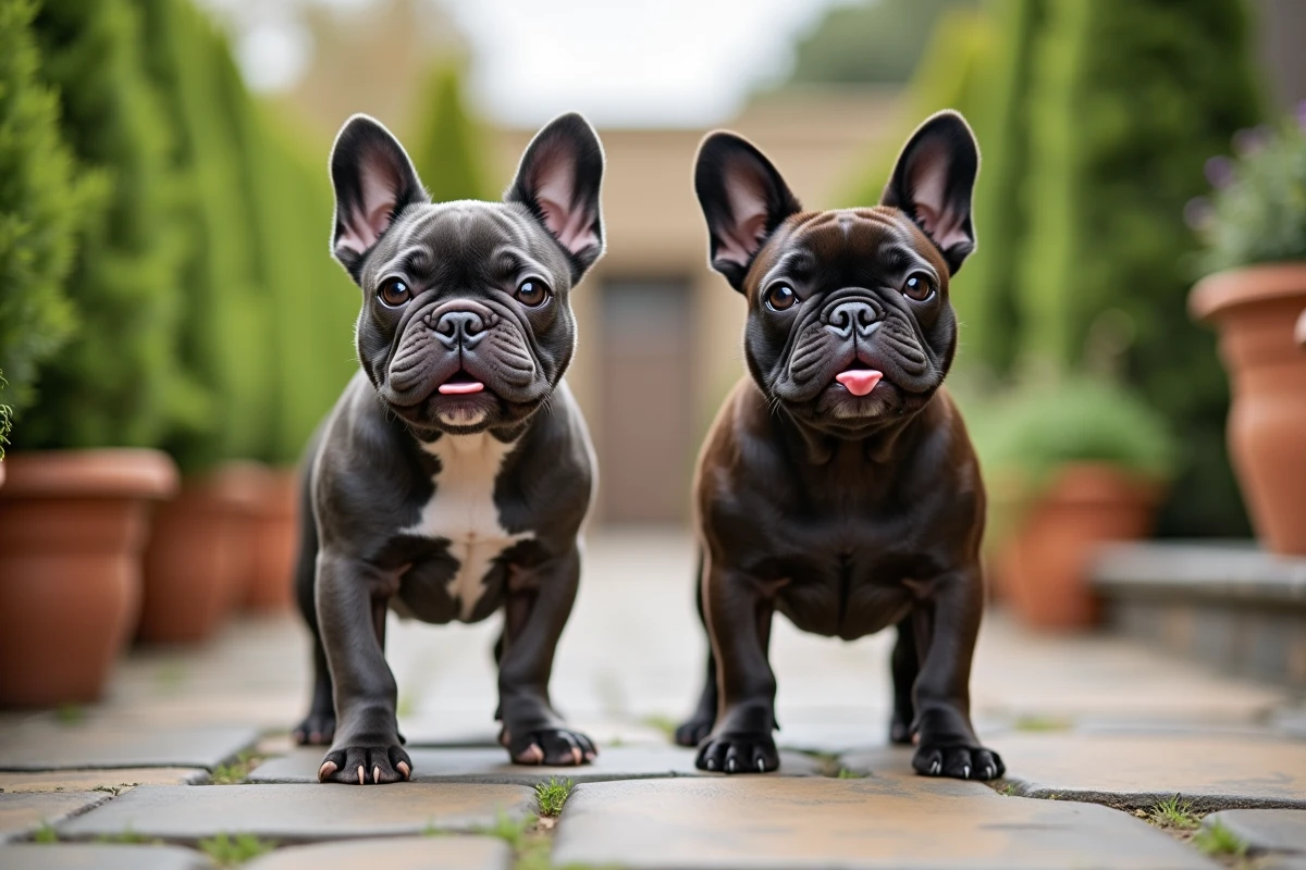 Deux bouledogues français aux robes exotiques blue merle et chocolat côte à côte dans un jardin
