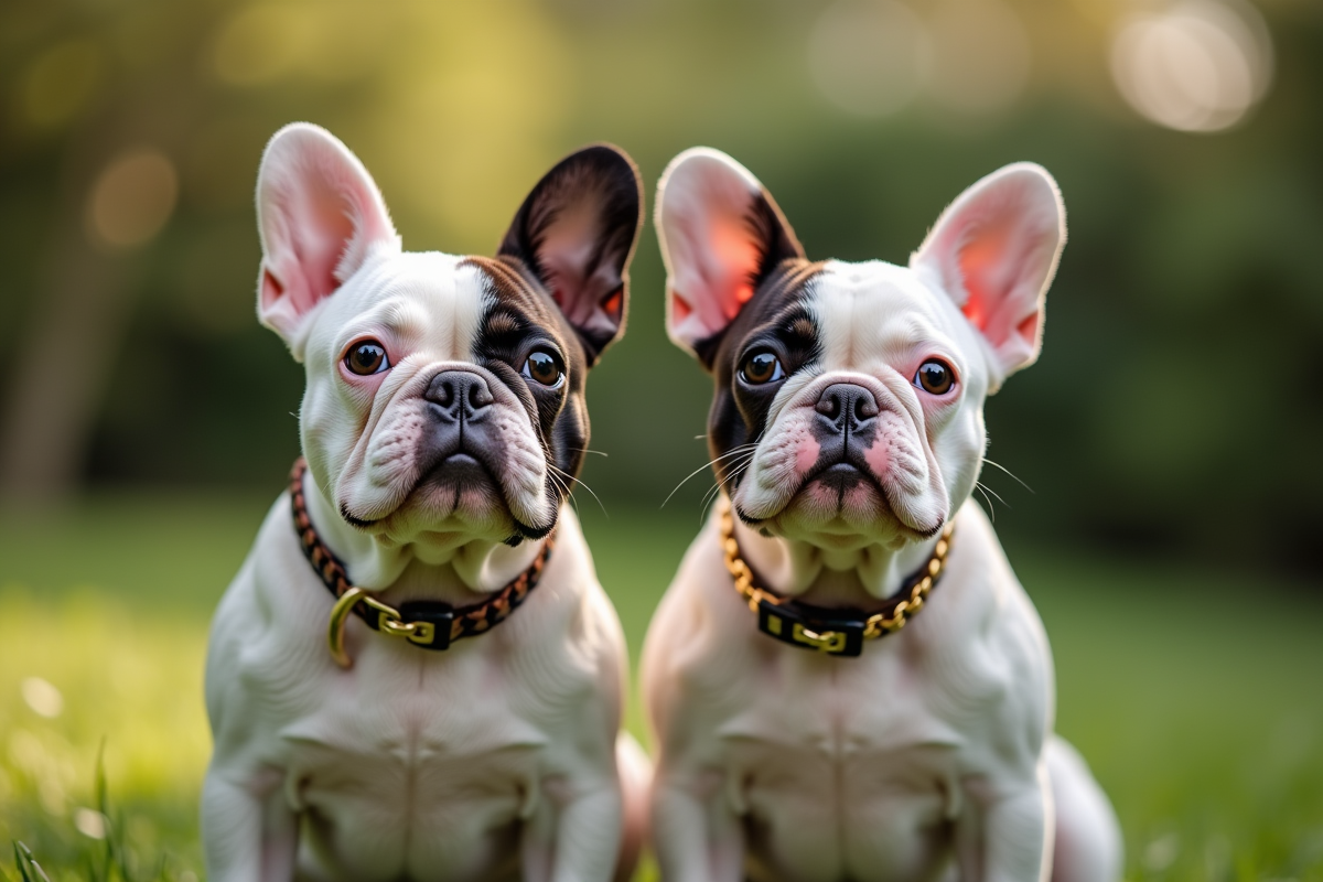 Deux bulldogs français en collier dans un jardin verdoyant