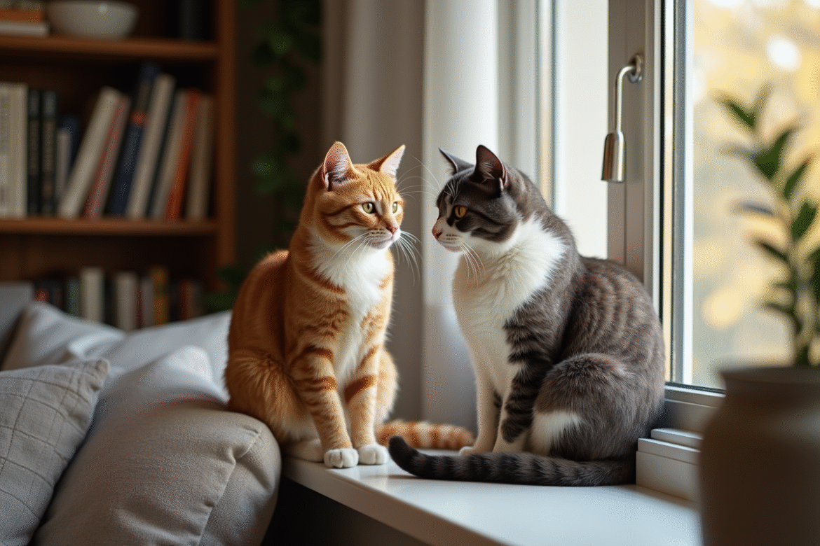 Deux chats domestiques sur un rebord de fenêtre en intérieur