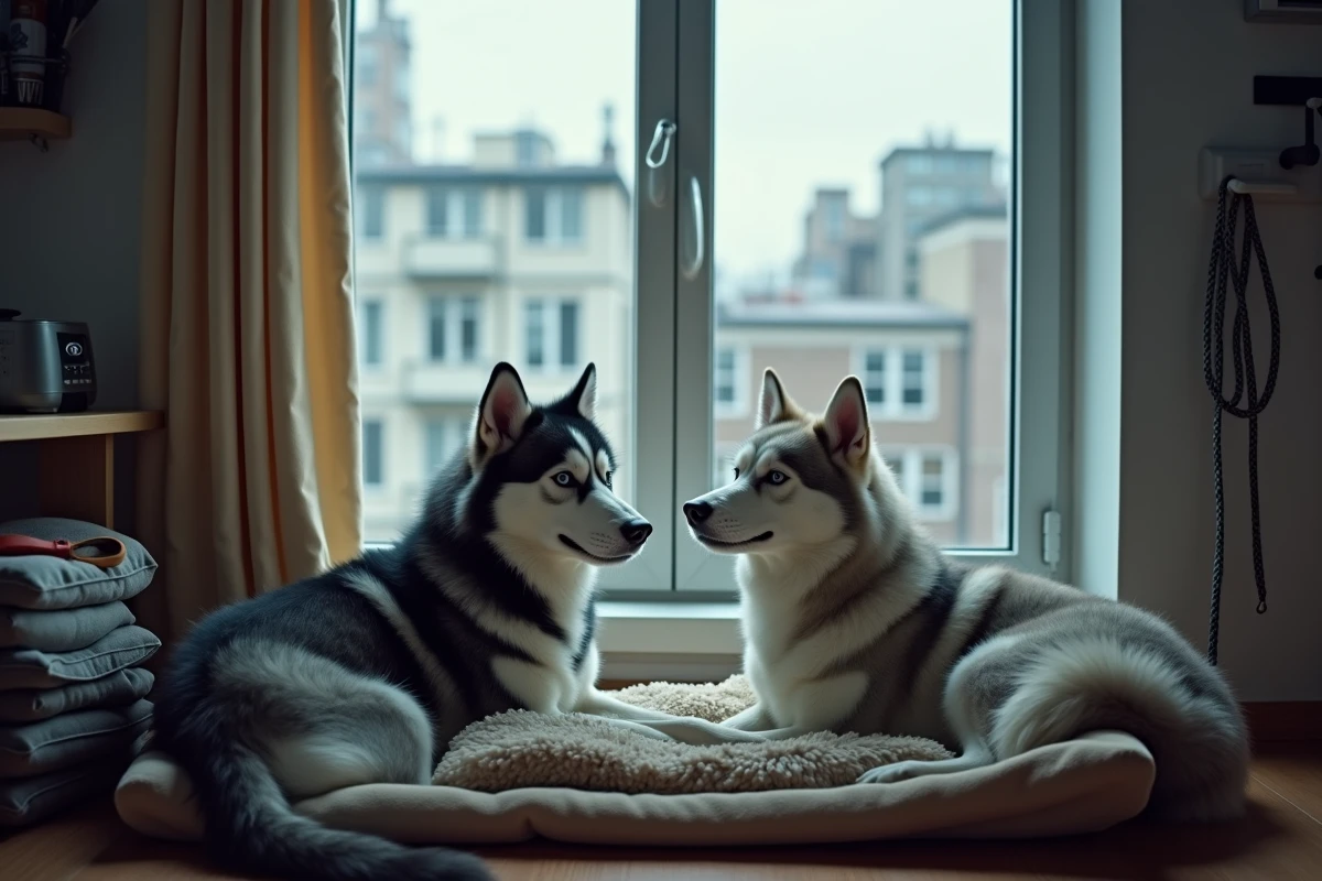 Deux huskies de Sibérie allongés près d'une fenêtre d'appartement avec vue sur la ville