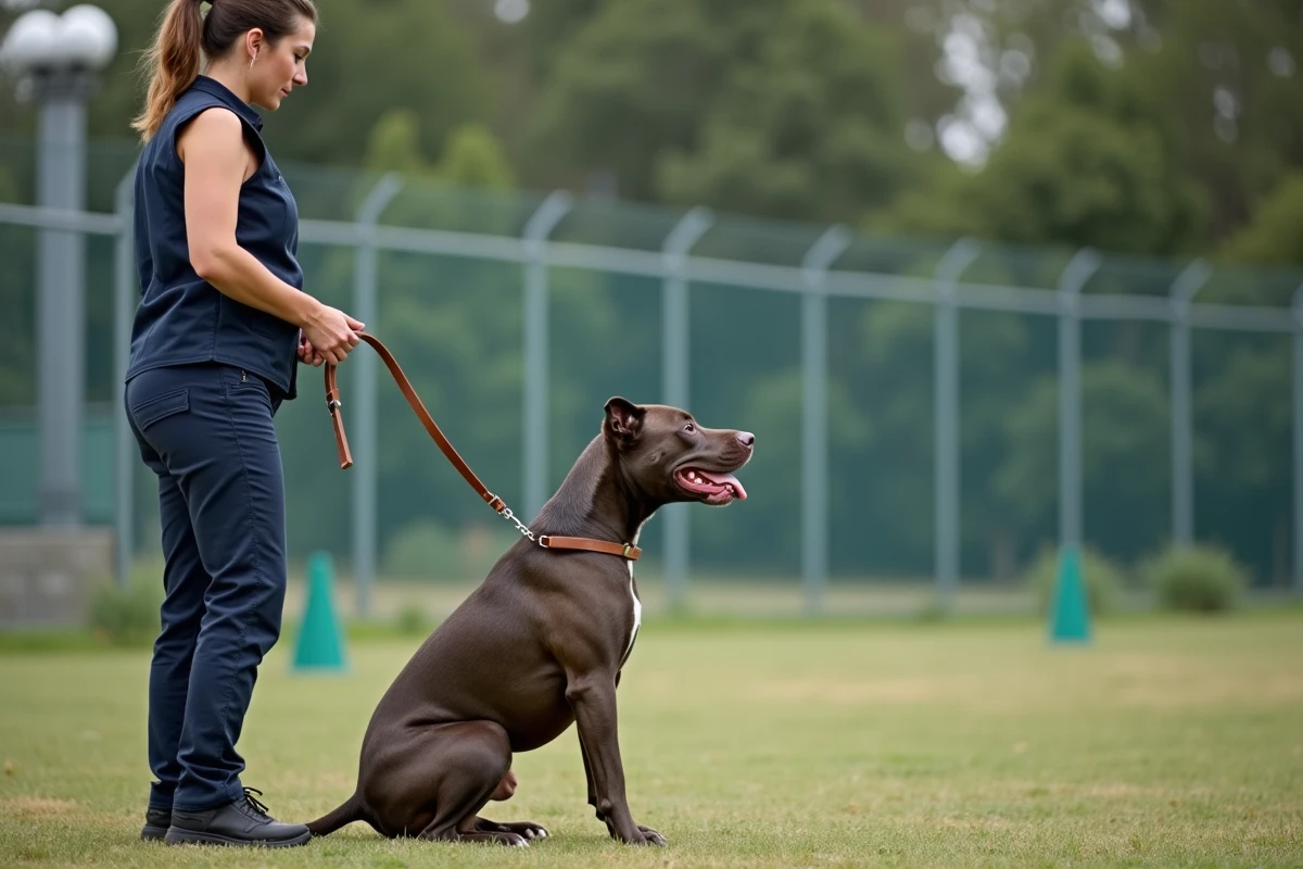 Éducatrice canine professionnelle avec un American Pit Bull Terrier lors d'une session d'entraînement