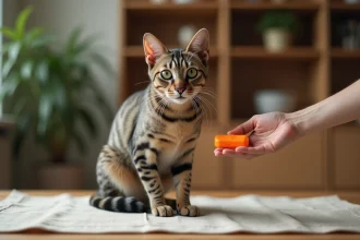 Chat Égyptien Mau au pelage tacheté argenté regardant attentivement un clicker tenu par une main humaine lors d'une séance d'entraînement à domicile