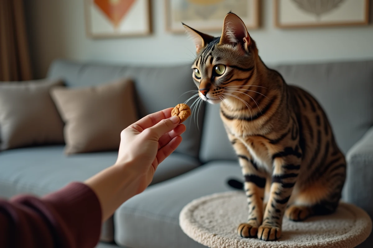 Gros plan d'un chat Égyptien Mau fumée concentré sur une récompense lors d'une séance de clicker training dans un salon