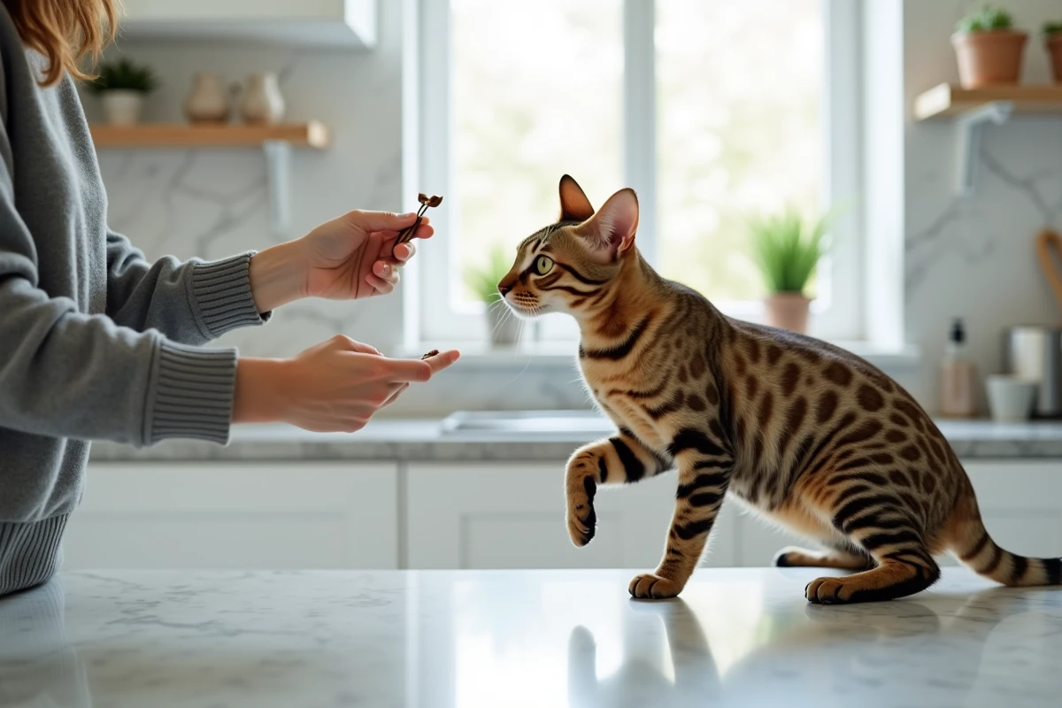 Femme entraînant un chat Égyptien Mau bronze à lever la patte avec un stick de ciblage dans une cuisine moderne