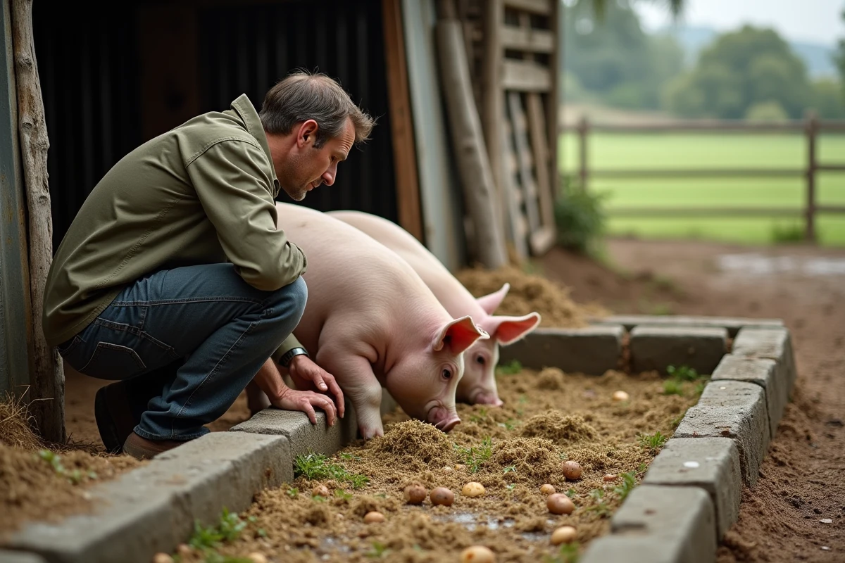 Éleveur observant ses cochons Duroc se nourrir d'une ration maison à base de pommes de terre cuites et céréales dans un enclos extérieur