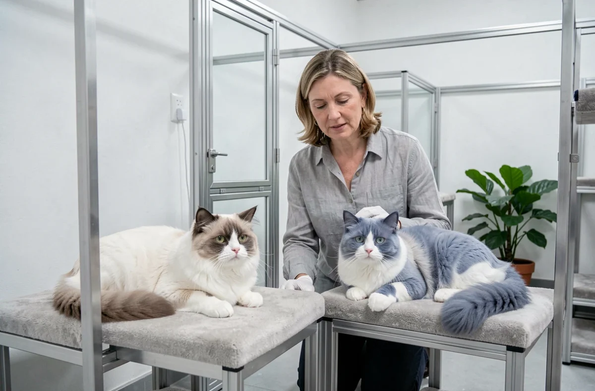 Éleveuse de chats sacrés de Birmanie dans un cattery professionnel avec deux chats aux robes différentes, compagnie versus reproduction