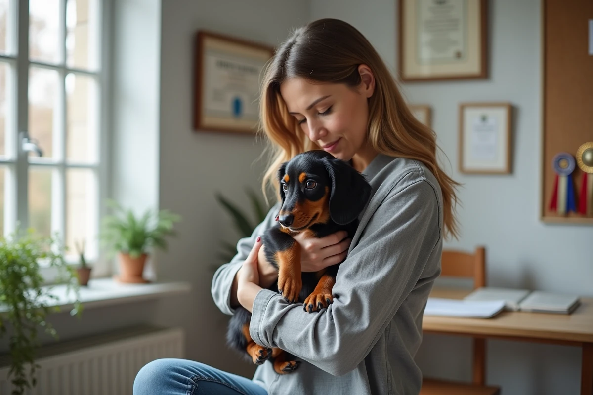 Éleveuse professionnelle tenant un chiot teckel nain arlequin avec documents de pedigree visibles en arrière-plan