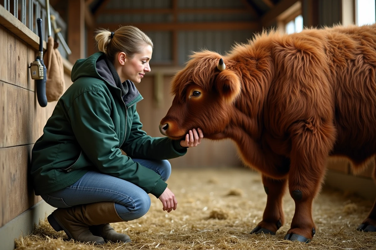 Éleveuse prenant soin d'une vache Highland fluffy dans une étable propre avec litière en paille, démontrant un élevage respectueux du bien-être animal