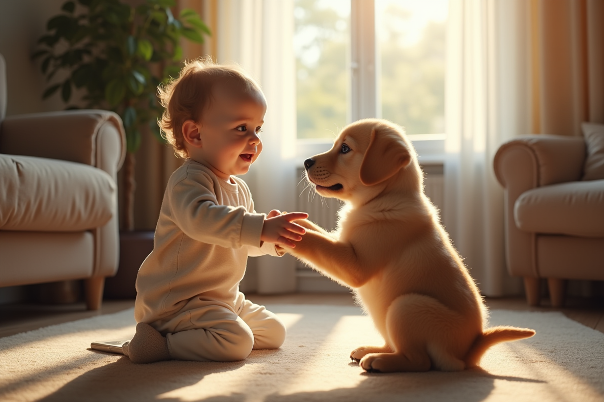 Enfant et chiot labrador en séance d