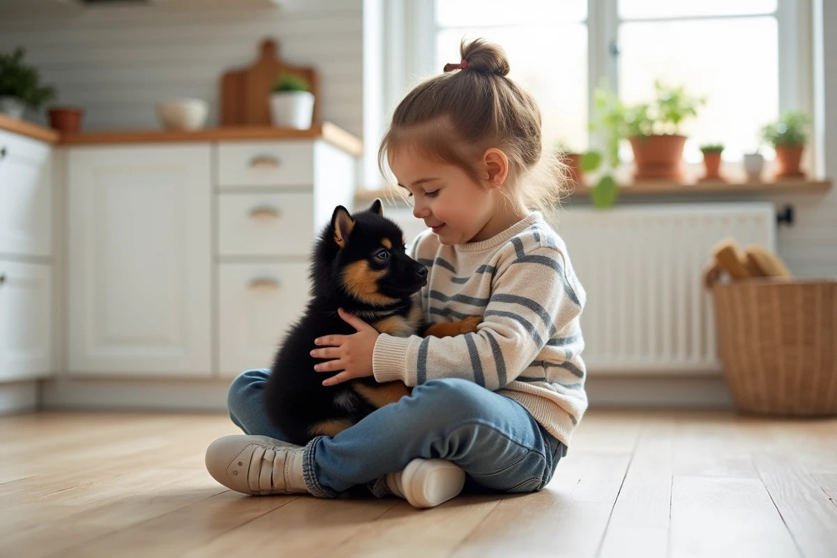 Jeune fille tenant tendrement un chiot Eurasier dans une cuisine familiale lumineuse de style scandinave