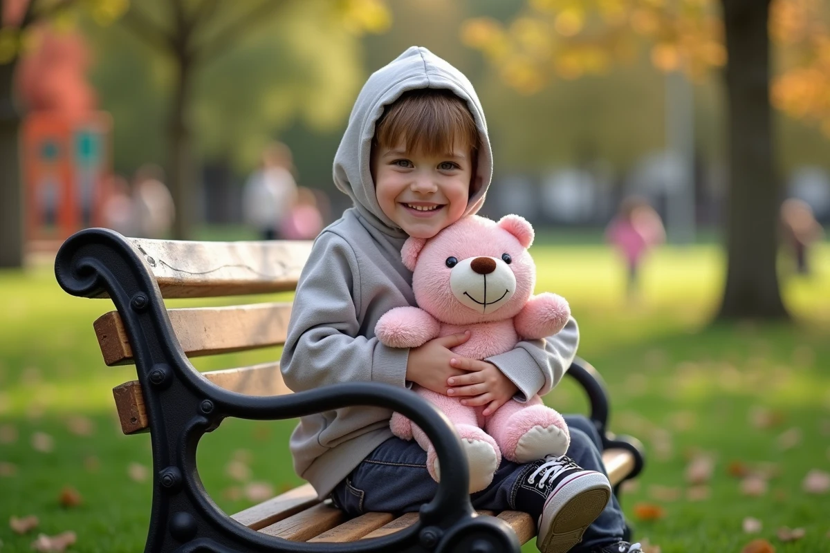 Enfant jouant dans un parc avec plush pioute rose dans les bras