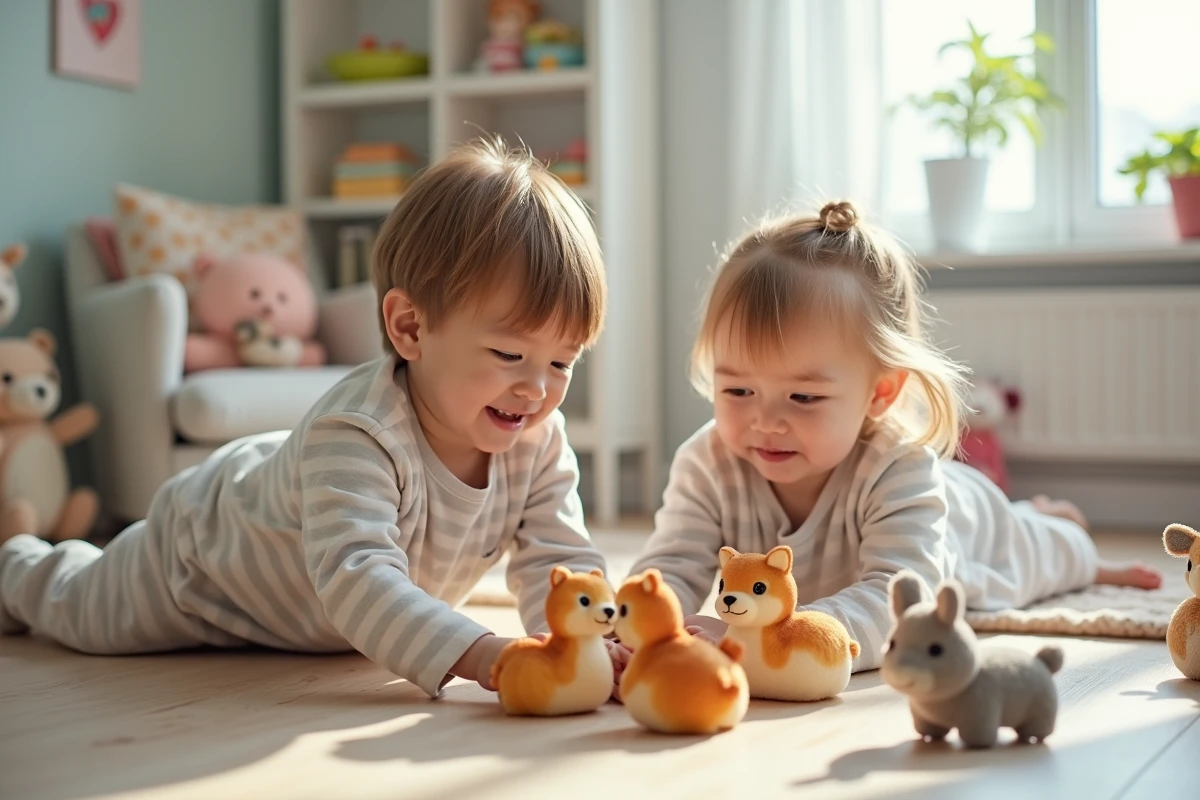 Enfants jouant avec figurines animaux dans une chambre douce