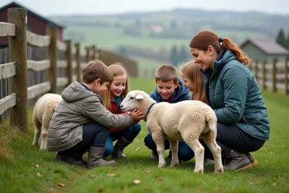 Enfants caressant un mouton dans un pré vert en campagne
