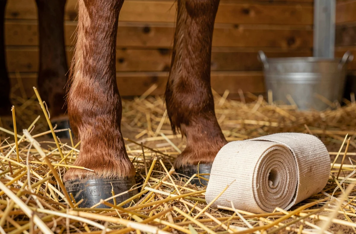 Comparaison entre un membre sain et un membre engorgé au niveau du boulet d'un cheval en box