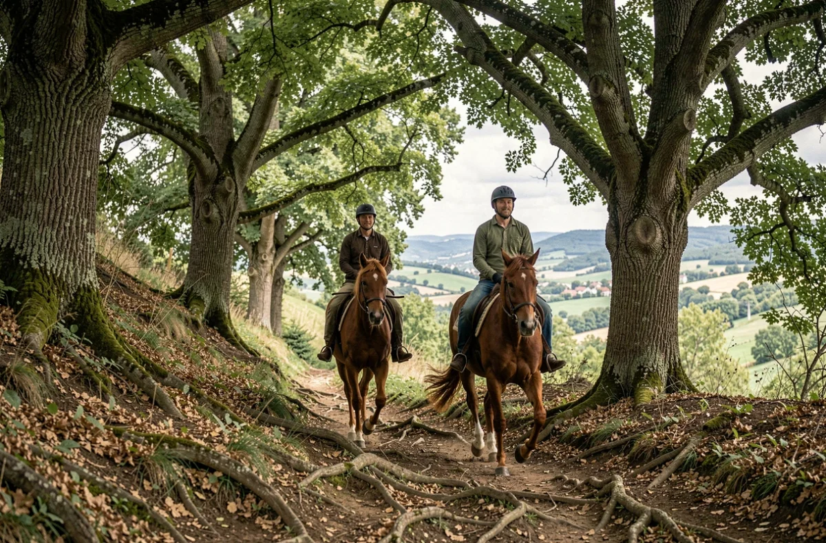 Deux cavaliers en randonnée équestre sur un sentier boisé des Monts d'Or avec vue sur la vallée