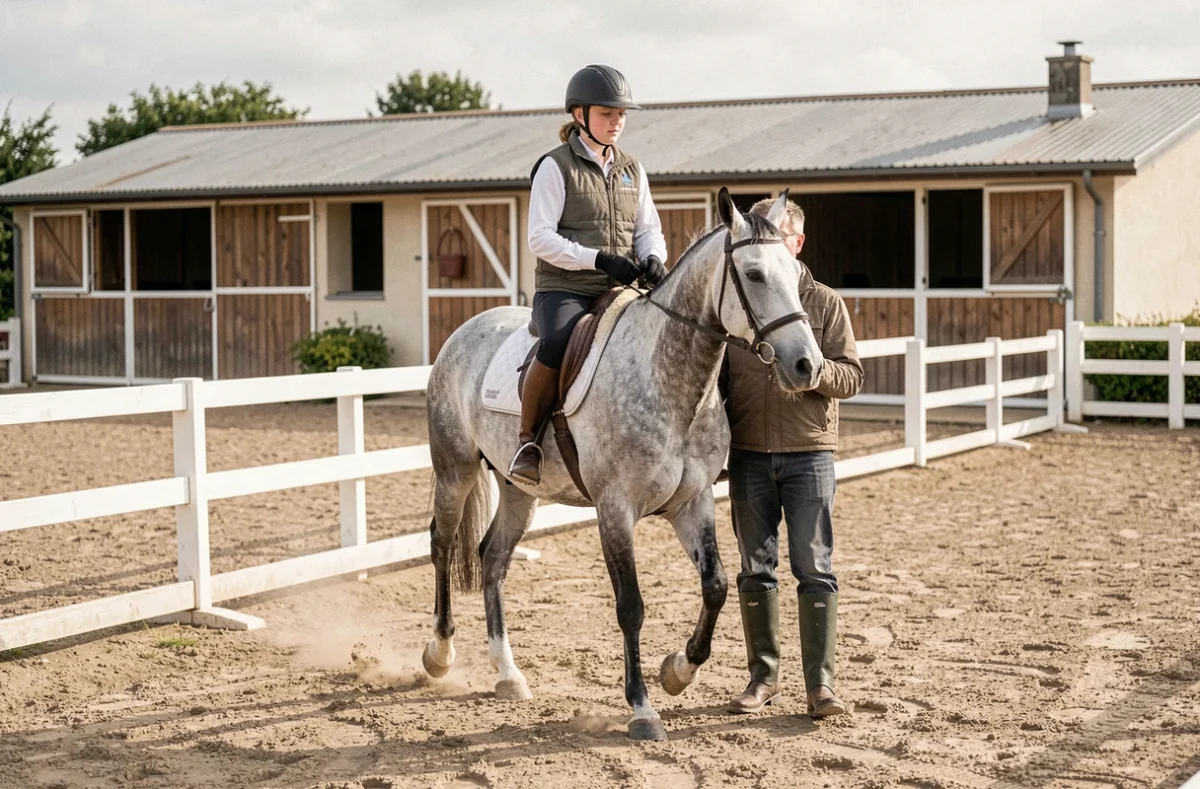 Séance d'entraînement équestre à L'Étape Cavalière avec instructeur et cavalière adolescente en carrière sablée